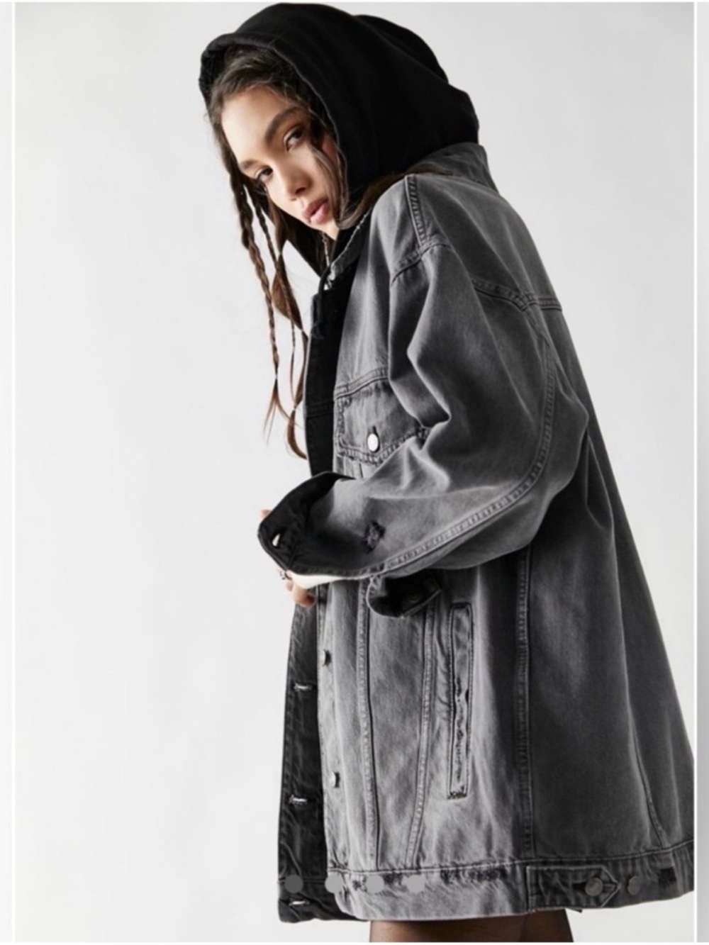 FreePeople Distressed Oversized Gray Washed Denim Jacket with Hood (C)